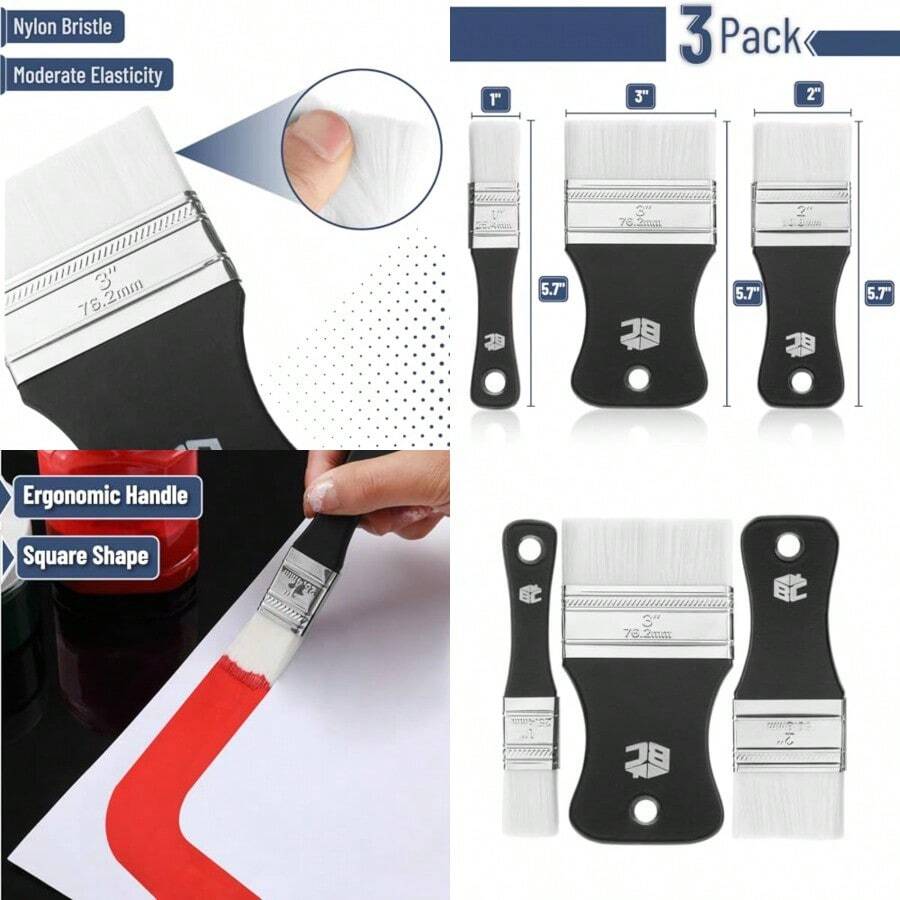 Bates Flat Paddle Paint Brush Set 3 Pack Nylon Bristles Painting Brushes Ergonomic Handle - As Pic - View 1