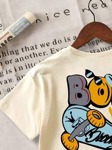 Young Boy Letter & Skateboard Print Round Neck Short Sleeve Casual Versatile T-Shirt - Apricot - View 6