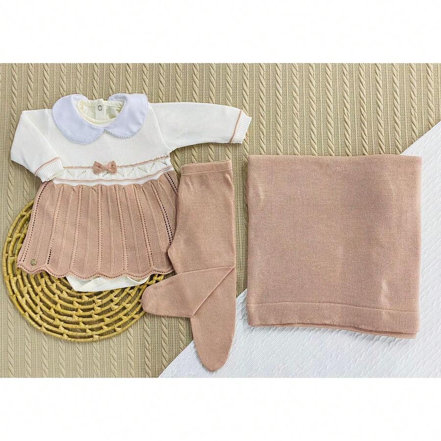 Luxury 4-Piece Baby Outfit Set – Bodysuit, Footed Pants, Dress, And Baby Blanket - Bụi hồng - Xem 1