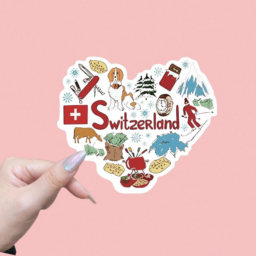 瑞士主题防水乙烯基贴纸 - 瑞士国旗、瑞士阿尔卑斯山、瑞士和马特洪峰标志贴纸，适用于汽车、笔记本电脑、窗户、墙壁 - 耐用哑光，抗紫外线，即撕即贴（不留残胶）瑞士骄傲 - 彩色 - 查看 1