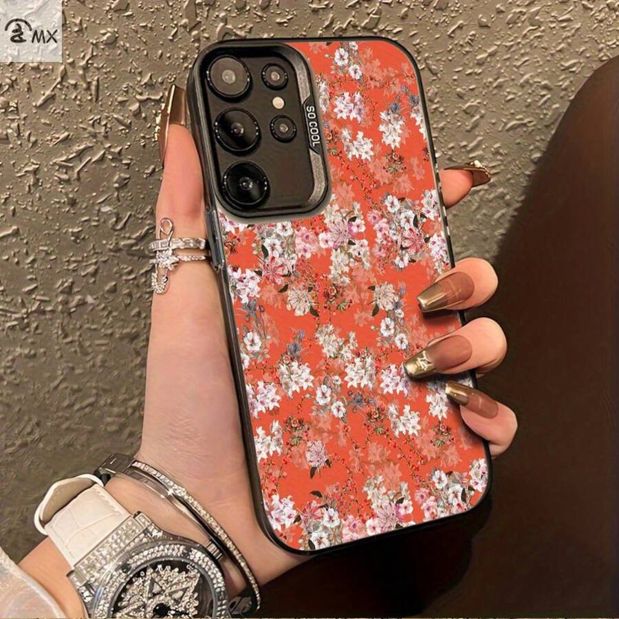 Funda de Teléfono con Patrón Floral de Fondo Naranja para 25ULTRA, S24PLUS, S23FE, S21PRO, S22, S20+, A03S, A05S, A14, A31, A53, A34, A10, A04E, M04, A33, A35, A55, A72, A71, A70, A22, A16, A06, A20S, Color de  de Moda Antisuciedad Plata IMD - Colores mixtos - Ver 1