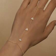 1Pc 925 Sterling Silver Cute Heart Cubic Zirconia Connected Finger Ring Bracelet For Women Daily Engagement Anniversary Wear - Gold - View 1