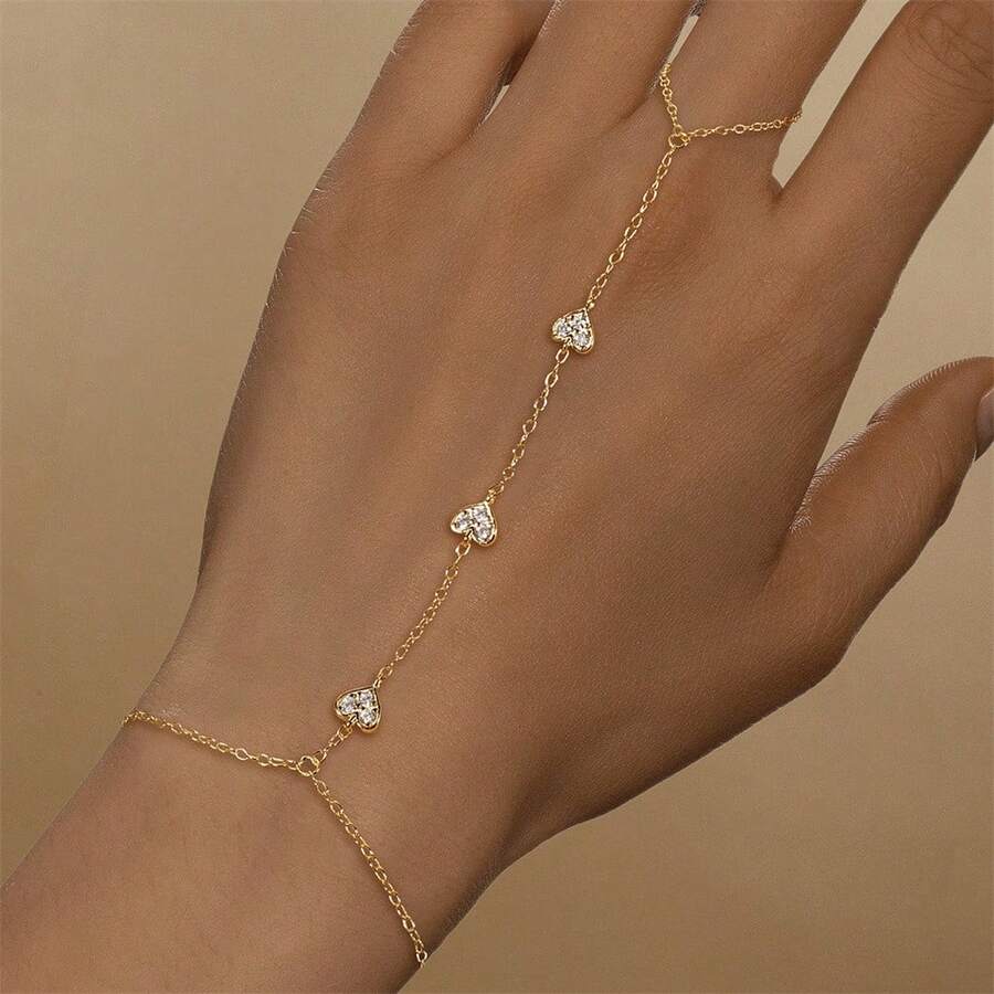 1Pc 925 Sterling Silver Cute Heart Cubic Zirconia Connected Finger Ring Bracelet For Women Daily Engagement Anniversary Wear - Gold - View 1