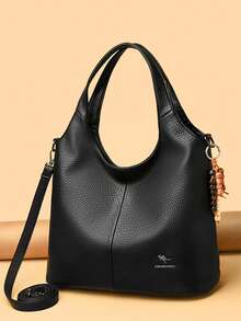 LANYIBAIGE 女士软皮手提包，复古单肩包，奢华设计师大容量包 - 黑色 - 查看 3