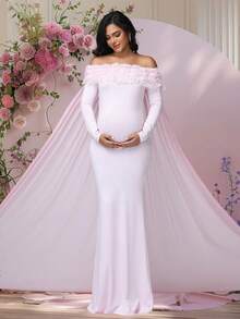 JustVH Maternity Floral Off-Shoulder Dress For Baby Shower, Long Sleeves Mesh Cloak Maxi Women Outfit Photoshoot Prop - 粉色 - 查看 6