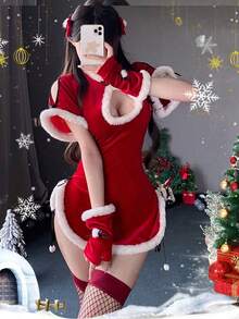 性感内衣 性感旗袍 圣诞制服 诱惑 Qqny 激情服装 新年衬衫 女孩 头饰、连衣裙和手套。 - 紅色 - 查看 2