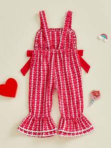 Baby Girl Overalls Sleeveless Heart Embroidery Jumpsuit Flare Suspender Pants Valentines Day Outfit - 紅色 - 查看 7