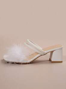 女士水晶粗跟凉鞋，两穿式水钻毛绒拖鞋，夏季 - 白色 - 查看 8