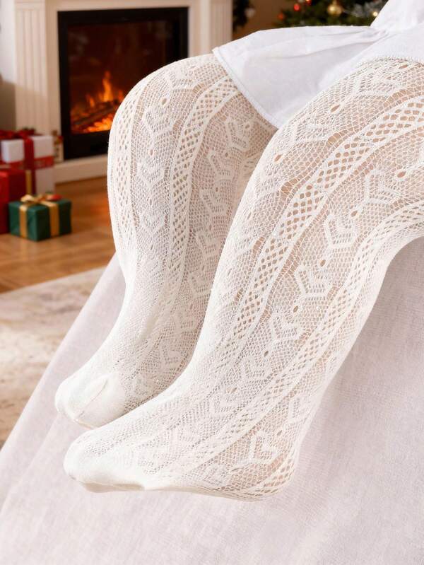 One Piece Of White Beige Lovely Heart Jacquard Mesh Tights For Baby Girls, Newborn Essentials Long Socks Dresser Leggings, Soft Breathable Toddler Stocking Tights, Ideal For Daily & Spring Summer Autumn Winter Wear