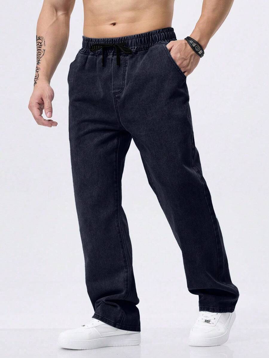Pantalones de Mezclilla Casuales y Listos para Negocios, Mezcla de Algodón Elástico, Cintura Media Jeans Hombre Pierna Recta y Ajuste Delgado para Hombre - Azul - Ver 1