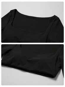 MFVIM Women's Black Long Sleeve Cropped Top And Flare Pants Set, Square Neck Fitted Style And High Waist Elastic Tummy Control Flare Yoga Pants. Suitable For Outdoor Running, Cycling, Yoga, Pilates, Gym Workout, 2-Piece Fitness Outfit For Women - Black - View 10