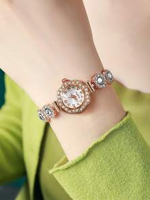 LUCKY FOX Luxury Rose Gold Crystal Inlaid Women's Watch, Elegant Round Dial, Quartz Movement, Fashion Crystal Embellished Timepiece, Arabic Numerals, Suitable For Daily Wear, Dates, Gifts - Rose Gold - View 4