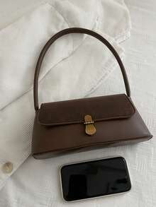Soft PU Leather Metal Lock Decor Retro Shell Baguette Bag, Women's Shoulder Bag, New Ladies Handbag, Small Square Bag - Coffee - View 9