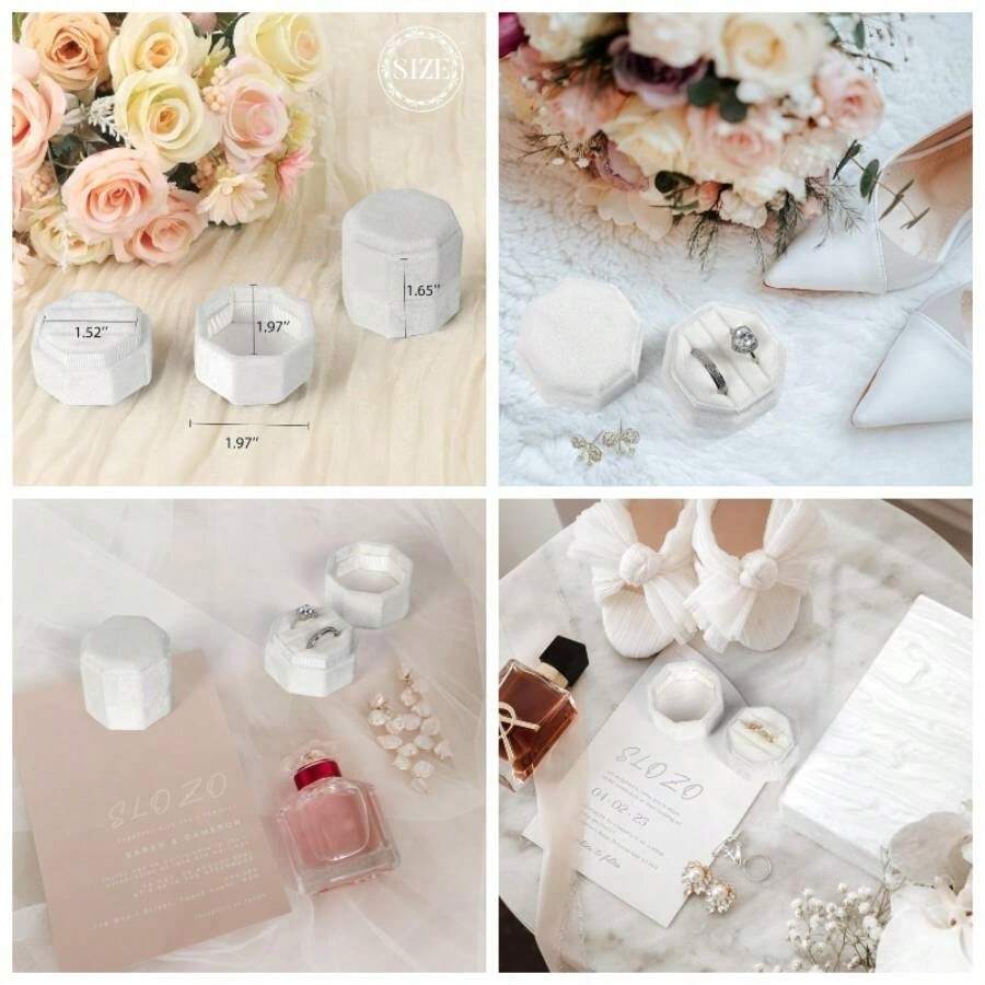 Velvet Ring Box, 3 Slots Octagon Jewelry Ring Box Vintage Ring Display Holder Case Wedding Ceremony Proposal Engagement Pearly White - Trắng ngọc trai - Xem 1