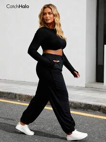 Pantalones jogger de talla grande para mujer con cintura con cordón, negro, cintura elástica, bolsillos laterales, bajo con puño, adecuado para fitness, yoga, uso diario - Negro - Ver 6