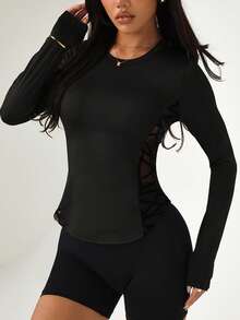 Women's Fashionable Sporty Casual Long-Sleeve T-Shirt With Mesh Panels For Yoga, Street, Running & Outdoor Workouts