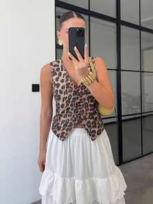 Women Tank Top Chic Fashion Leopard Spring Summer V-Neck Single-Breasted Vests Top Ladies Casual Sleeveless Going Out Top New Waistcoat - Leopard Print - View 5