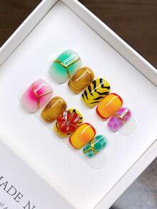 十片手工方形美甲贴片，手工绘制和雕刻，个性化涂鸦，新款法式美甲设计，三种热带花卉雕刻图案，按压式美甲贴片，秋季亚克力按压式美甲贴片，亚克力按压式美甲贴片，手工按压式美甲贴片，高品质、优雅简约设计美甲贴片。 - 彩色 - 查看 14