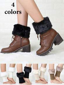 1 Pair Women's Solid Color Fuzzy Trim Leg Warmers, Warm Calf Sleeves, Suitable For Spring, Summer, Autumn And Winter - Multicolor - View 4