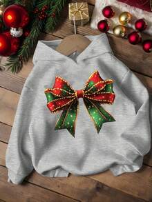 Hoodie mujer sudadera gorro capucha bolsillo canguro puños acanalados calientita cómoda diario estampado al frente moño navideño brillante Navidad - Gris - Ver 1