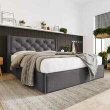 Hydraulic Double Upholstered Bed 140x200cm, Bed With Slatted Metal Frame, Modern Bed Frame With Storage Space, Cotton, Gray (With Mattress) - Grey - View 6