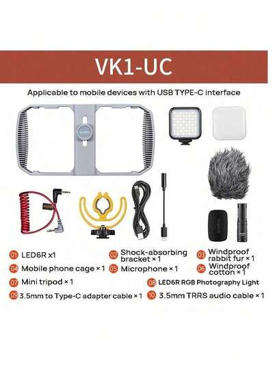 Godox VK1-UC Mobile Video Shooting Kit: All-In-One Portable Camera Cage, Built-In Adjustable Fill Light, Stabilizer Compatible Base, Image Stabilization For Both Horizontal And Vertical Shooting, Handheld Shooting.