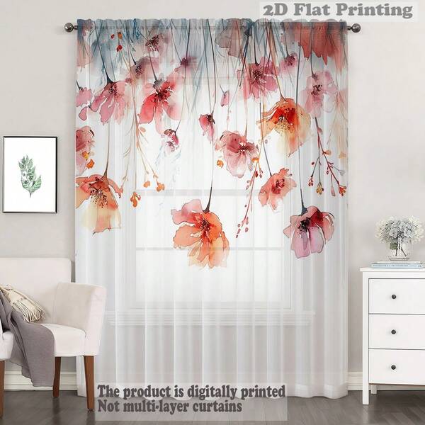 Cortina transparente com estampa floral 2D em aquarela (1 peça), tecido de poliéster, ideal para casas alugadas, salas de estar, cozinhas e quartos. Removível e lavável à máquina. Cortina para janelas pequenas.