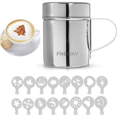 LIVIVO Stainless Steel Chocolate Shaker Duster With 16 Cappuccino Coffee Barista Stencils