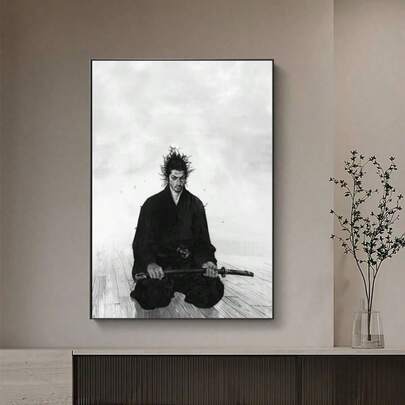 Tranh trang trí tường không khung (1 bức), hình ảnh võ sĩ Samurai Nhật Bản quỳ gối và cầm dao, thích hợp để trang trí phòng ngủ, làm tranh nghệ thuật treo tường, trang trí phòng tắm.