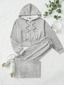 Women's Casual Fashion Hooded Sweatshirt And Loose Sweatpants Set, Grey, For Daily Wear