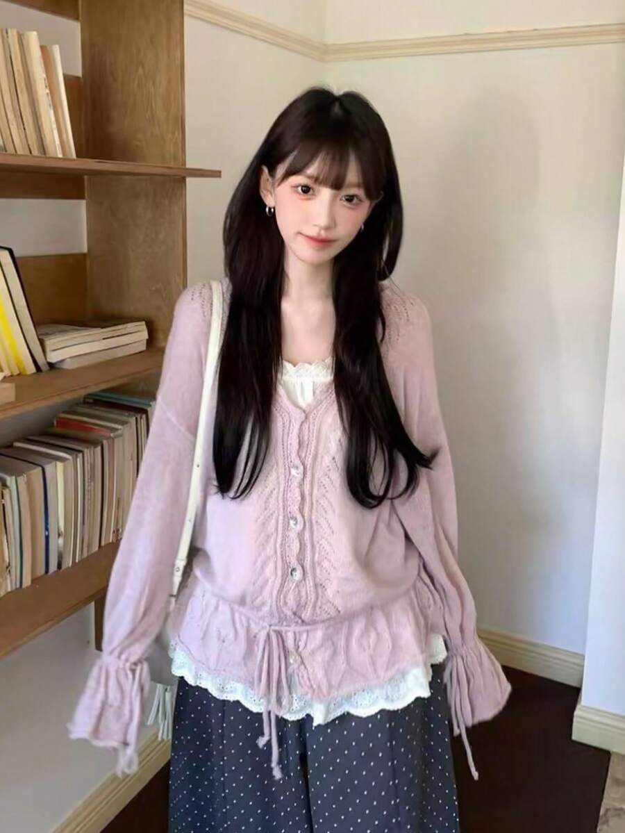 抽绳镂空针织开衫,宽松休闲秋季女款 - 粉色 - 查看 1
