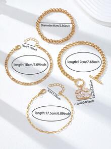 Zestaw 4 bransoletek z łańcuszkami w kolorze złotym dla kobiet, minimalistyczna, składana bransoletka z koralików CCB z zawieszką z cyrkonii, modna biżuteria do noszenia na co dzień