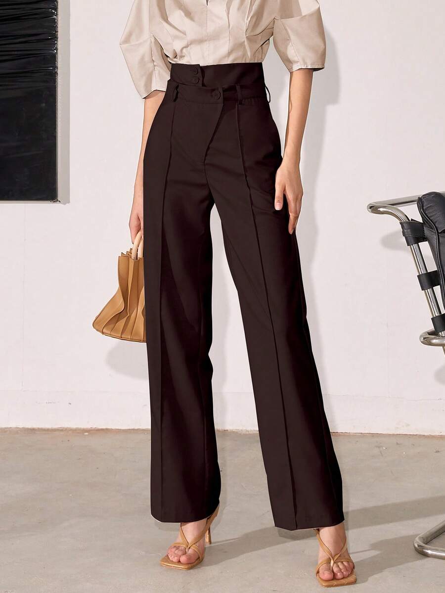Women's Solid Color High Waisted Straight Leg Casual/Business Pants, Spring And Summer - Chocolate Brown - View 1