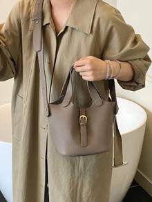 Classic Minimalist Women Handbag Versatile Adjustable Strap Crossbody Bag, Solid Color New Elegant Grey Color-Block Tote Bag With Lining And Pouch, Autumn/Winter - Grey - View 3