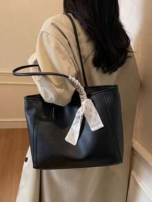 Large Capacity Minimalist Vintage-Style Handbag In Solid PU Leather With Matching Scarf, Versatile And Elegant Women's Bag, Fashionable Bag With Bow, Eye-Catching Handbag - Burgundy - View 10