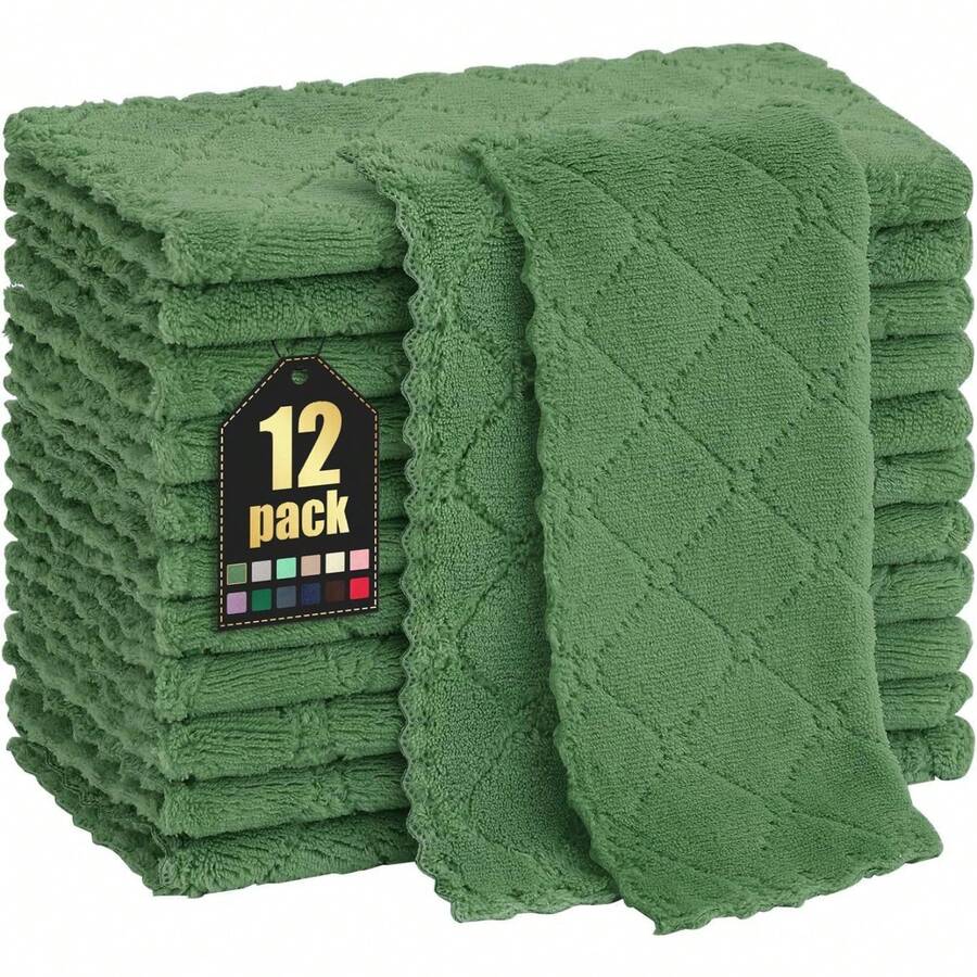 12 Pack Kitchen Dish Cloths (10 X 10 Inches, Cream Yellow), Super Soft And Absorbent Coral Velvet Dish Towels, Nonstick Oil Fast Drying Microfiber Cleaning Cloth, No Lint Household Dishcloths, 2025 - 草綠色 - 查看 1
