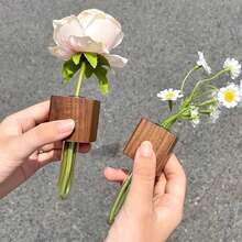 乡村风木质试管花瓶，冰箱磁吸式试管花瓶，日常家居装饰木质花瓶，带冰箱磁吸胶 - 现代圆柱形花瓶，适合插花束，家居厨房装饰，经典格子图案，厨房装饰 | 乡村魅力装饰 | 天然木纹，花瓶 - 彩色 - 查看 7