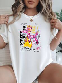 Women Plus Size Shirt Street Vibes Graphic Print Black White Options Flame Bunny Design Motif Text Quote Fashion Casual Summer Wear Shirts Summer Tops Graphic Tees Summer Outfits Women Graphic Tees Women Crop Tops Tops Women Vintage Cotton Cute Clothes Women - 白色 - 查看 1