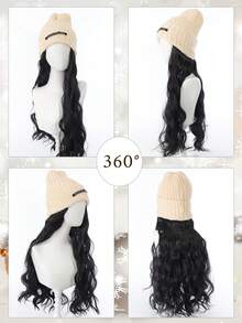 长卷波浪帽假发，合成纤维假发，带弹力针织帽假发 - 羊毛帽假发，高温丝，造型自然，适合日常佩戴，秋冬季基本保暖滑雪帽 - 彩色 - 查看 6
