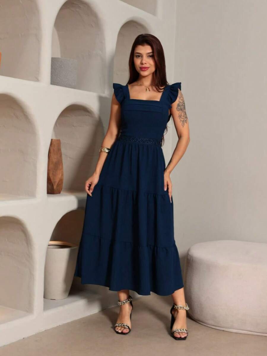 Luxury Midi Dress, Duna Brand, Plain With Ruffled Sleeves And Lace At The Waist. - 藏蓝色 - 查看 1