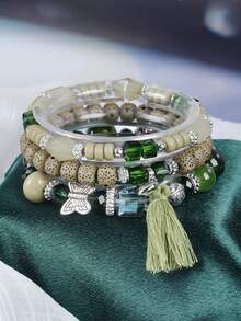 3pcs Bohemian Multi-Layer Beaded Bracelet, Vintage Evil Eye Beads, With Heart Tree Of Life Pendant, Elastic Unisex Bracelet, Suitable For Halloween Party Decoration