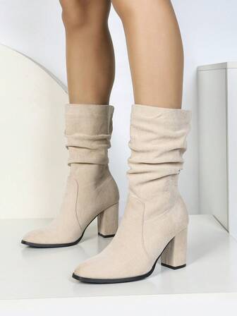 2024秋冬新款女士褶皱粗跟踝靴，法式优雅方头高跟弹力靴，尺码偏大半码