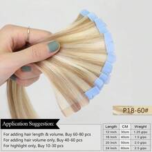 Mini Tape-In Human Hair Extensions, Double-Sided, Invisible, Seamless, Tape-In Hair, 10 Pieces/Set, Natural, Straight, Black, Brown, Blonde, 3 X 0.8 Cm, Tiny Tape-On Hair For Added Volume - S18/613 - Xem 2
