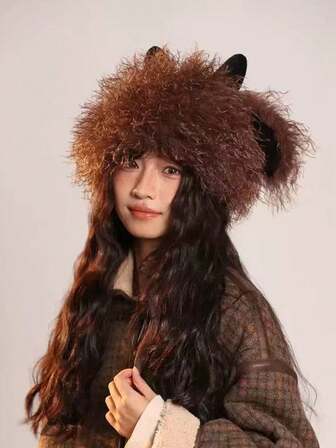 1顶女士秋冬动物造型针织渔夫帽，柔软毛绒面料，纯色可爱设计，带有3D动物耳朵，防风保暖，适合主题野餐、亲子活动、日常外出、闺蜜约会、公园散步，童话风格保暖配饰