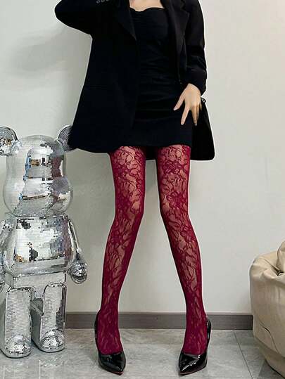 1pc New Vintage French Floral Rose Bunch Print Stockings, Lace Fishnet Tights In Brown And Black For Women, Sexy