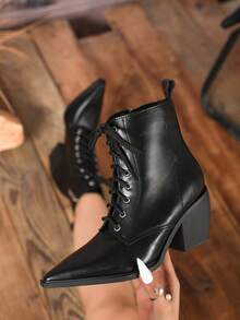 Women's Fashion Pointed Toe Chunky Heel Ankle Boots With Front Lace-Up And Side Zipper, Elegant And Comfortable Booties, Versatile For Casual, Commute, Vacation, Autumn/Winter - Black - View 3