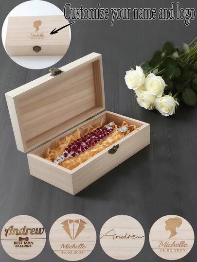 1pc Customized Vintage Paulownia Wood Flip-Top Rectangular Wooden Storage Box, Couples Wedding Corporate Gift Packaging Box For Jewelry, Necklace, Ring, Glasses, Lipstick, Essential Oil, Personalized Name Logo Holiday Anniversary Souvenir