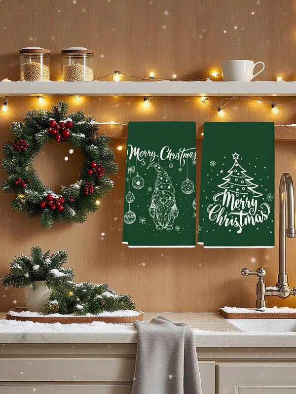 Conjunto de 2 panos de prato natalinos com estampa de pinheiros anões verdes e simples, ideais para limpeza diária e decoração de inverno.