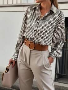 大码女式几何印花长袖休闲衬衫 - 彩色 - 查看 2