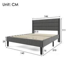 Upholstered Bed 140 X 200 Cm, Bed Frame With Slatted Frame & Headboard, Upholstered Double Bed, Textile Cover Linen In Dark Grey, Timeless Modern Design, Youth Bed - Black - View 2
